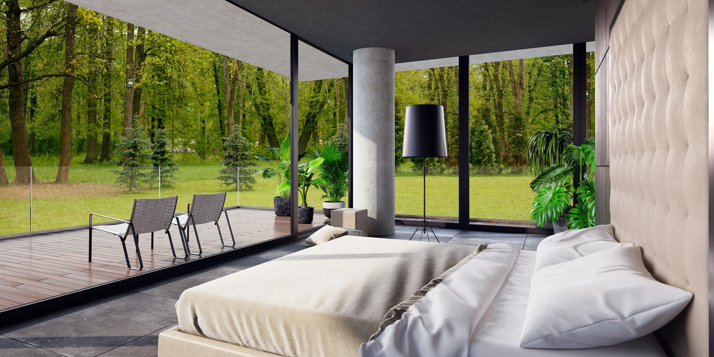 Wide view of a modern villa interior with large panoramic windows and glass balustrade